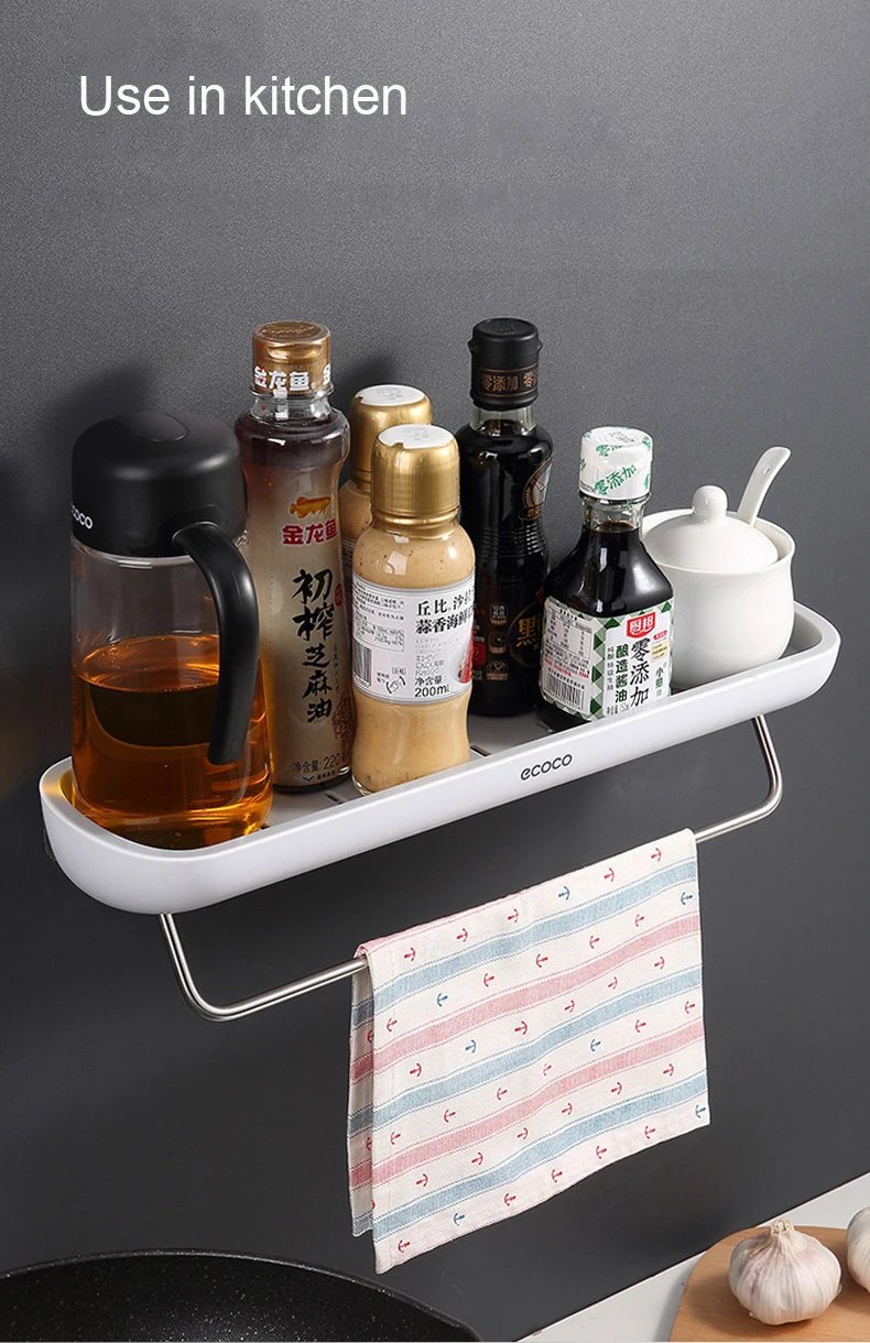 ECOCO Bathroom Storage Rack Shower Shelf Punch Drill Free Adhesive Cosmetic Organizer On Wall Towel Hanger Kitchen Organizer