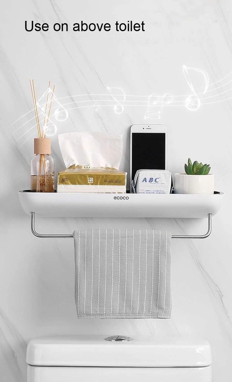 ECOCO Bathroom Storage Rack Shower Shelf Punch Drill Free Adhesive Cosmetic Organizer On Wall Towel Hanger Kitchen Organizer