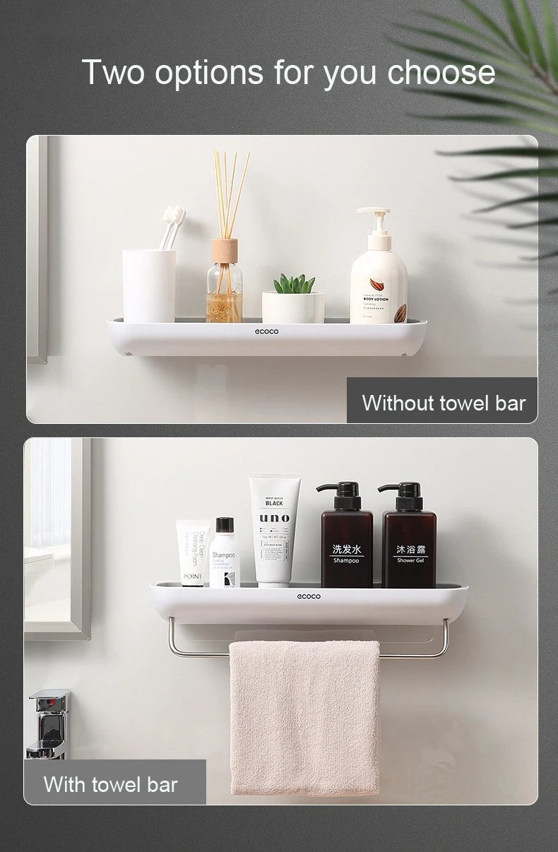 ECOCO Bathroom Storage Rack Shower Shelf Punch Drill Free Adhesive Cosmetic Organizer On Wall Towel Hanger Kitchen Organizer