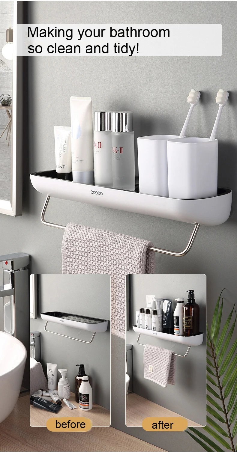 ECOCO Bathroom Storage Rack Shower Shelf Punch Drill Free Adhesive Cosmetic Organizer On Wall Towel Hanger Kitchen Organizer