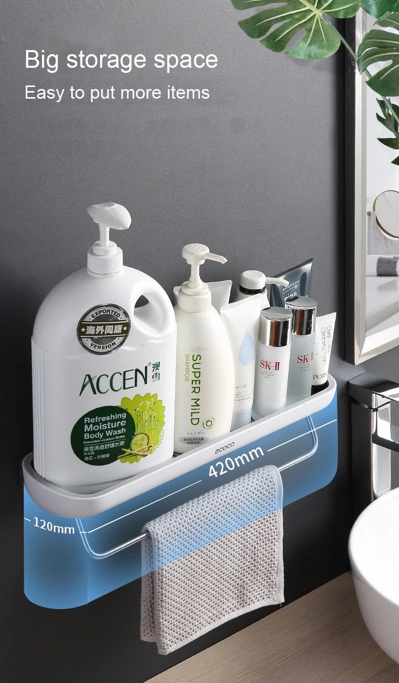 ECOCO Bathroom Storage Rack Shower Shelf Punch Drill Free Adhesive Cosmetic Organizer On Wall Towel Hanger Kitchen Organizer