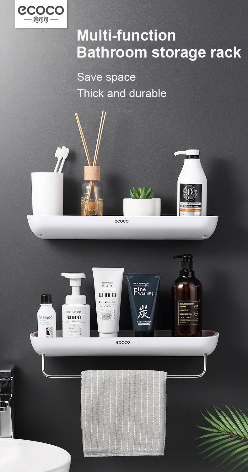 ECOCO Bathroom Storage Rack Shower Shelf Punch Drill Free Adhesive Cosmetic Organizer On Wall Towel Hanger Kitchen Organizer