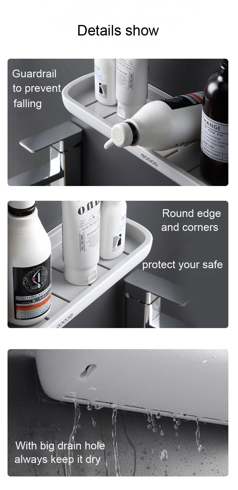 ECOCO Bathroom Storage Rack Shower Shelf Punch Drill Free Adhesive Cosmetic Organizer On Wall Towel Hanger Kitchen Organizer