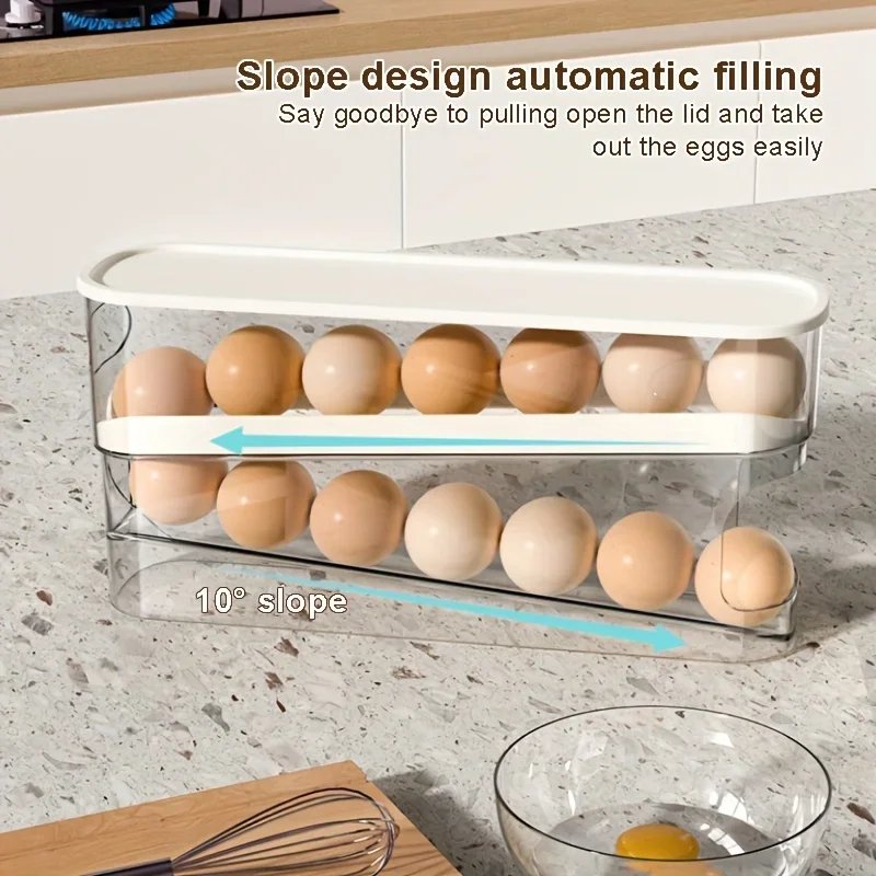 Double Layers Egg Storage Box Refrigerator Automatic Rolling Slide Egg Rack Refrigerator Side Door Freshness Box Kitchen Storage