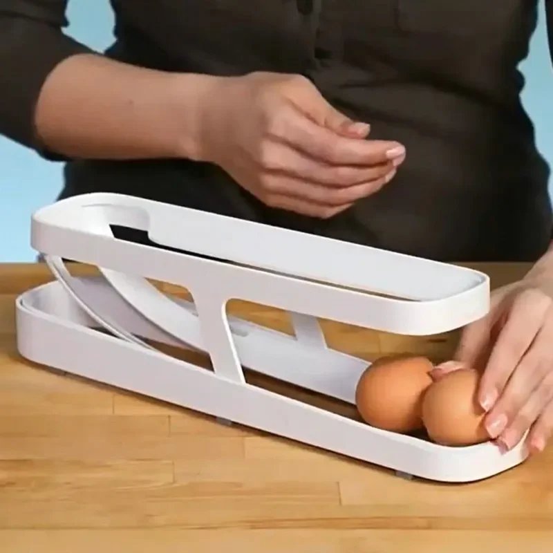 Double Layers Egg Storage Box Refrigerator Automatic Rolling Slide Egg Rack Refrigerator Side Door Freshness Box Kitchen Storage
