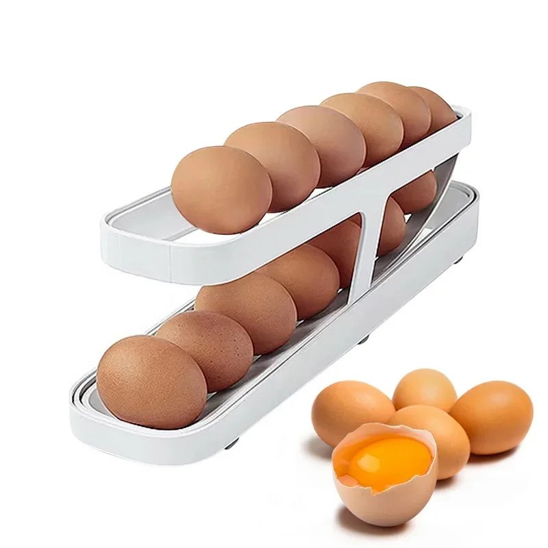 Double Layers Egg Storage Box Refrigerator Automatic Rolling Slide Egg Rack Refrigerator Side Door Freshness Box Kitchen Storage