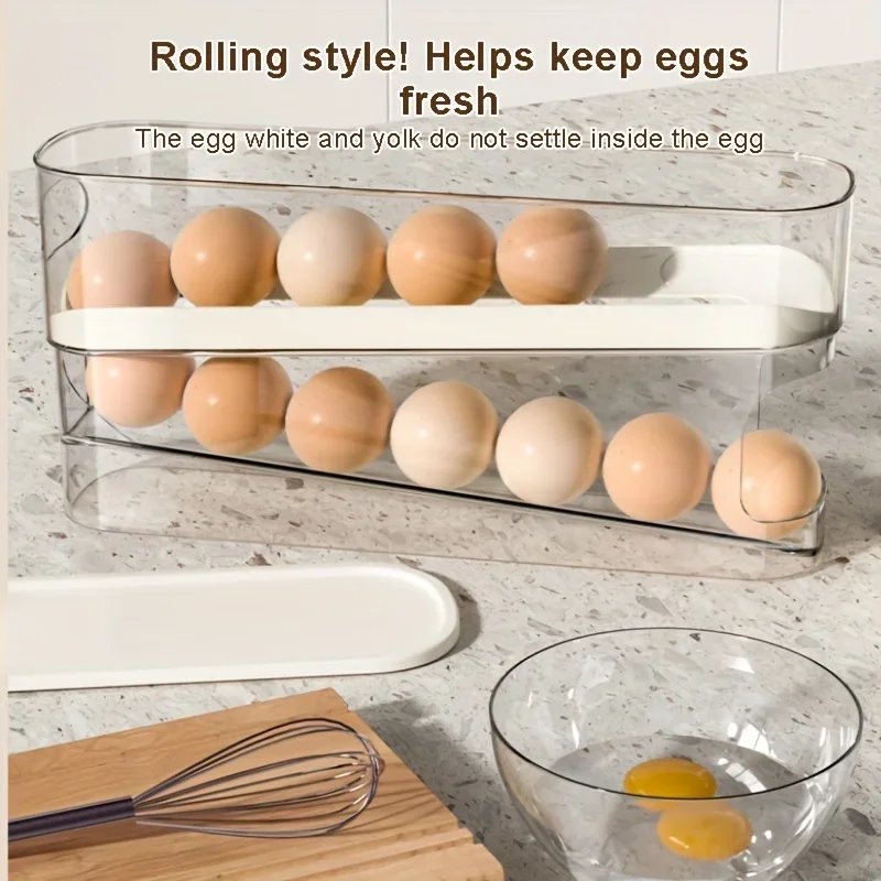 Double Layers Egg Storage Box Refrigerator Automatic Rolling Slide Egg Rack Refrigerator Side Door Freshness Box Kitchen Storage