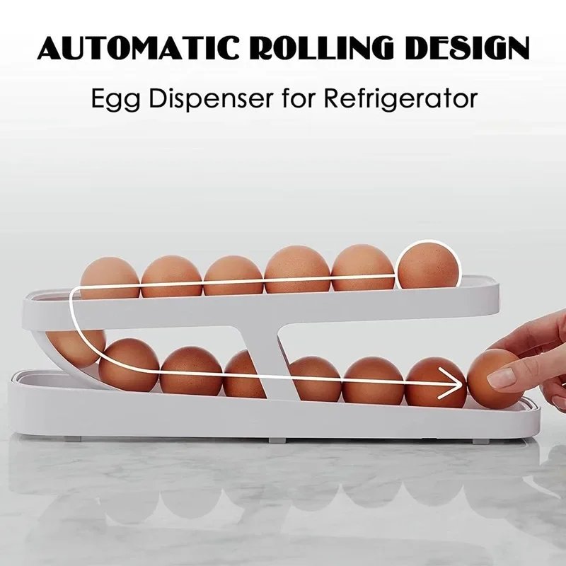 Double Layers Egg Storage Box Refrigerator Automatic Rolling Slide Egg Rack Refrigerator Side Door Freshness Box Kitchen Storage