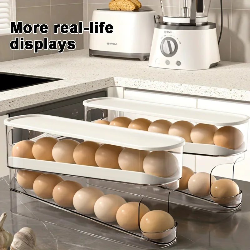 Double Layers Egg Storage Box Refrigerator Automatic Rolling Slide Egg Rack Refrigerator Side Door Freshness Box Kitchen Storage