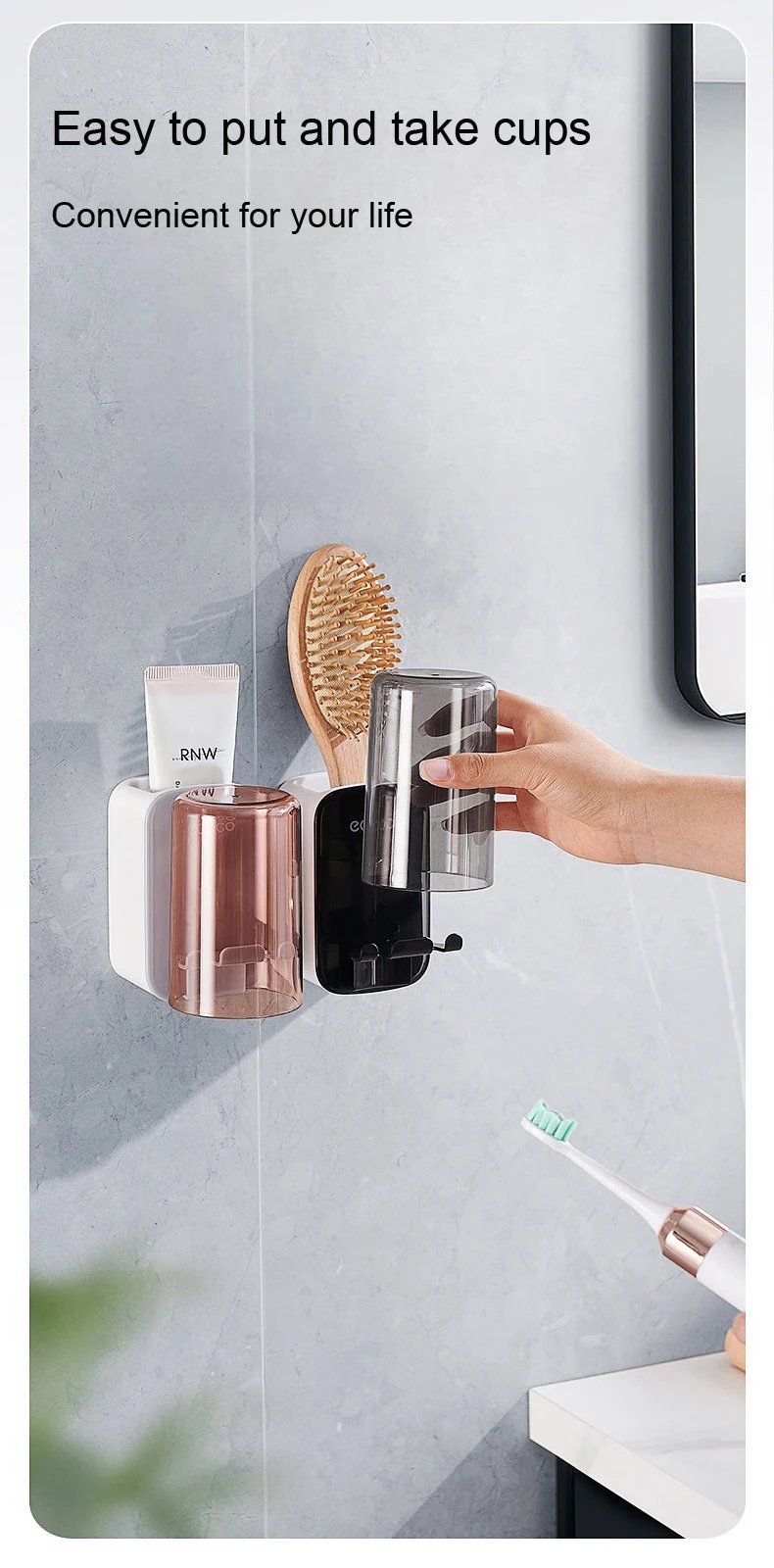 ECOCO Toothbrush Holder and Cup Set Wall Mount Bathroom Accessory Punch Free Mouthwash Holder for Single Home School Student