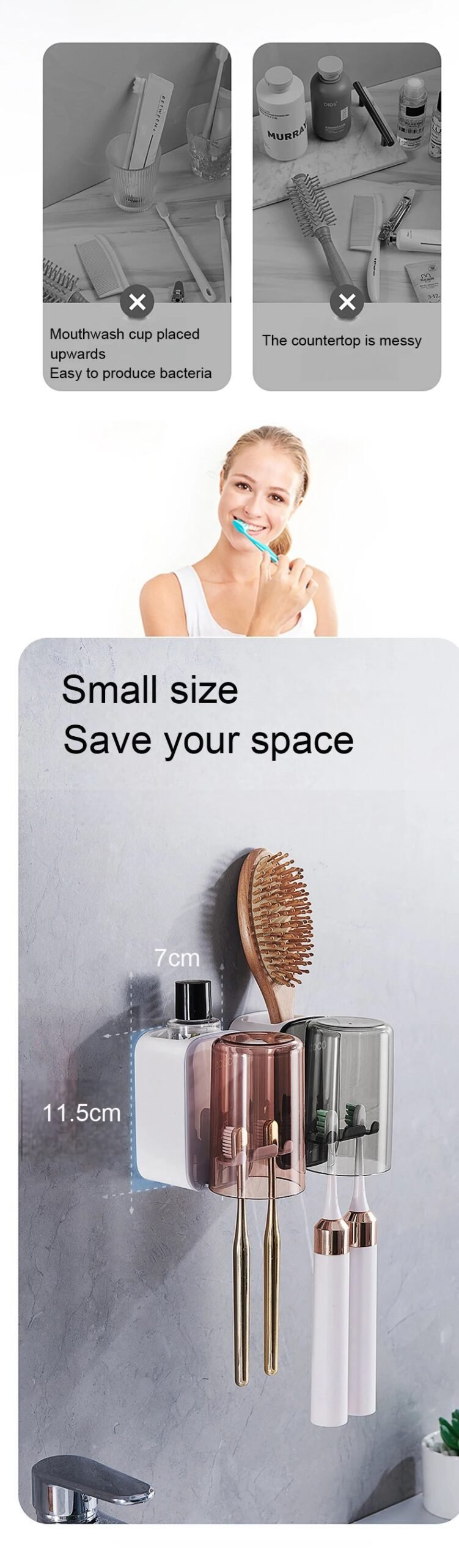 ECOCO Toothbrush Holder and Cup Set Wall Mount Bathroom Accessory Punch Free Mouthwash Holder for Single Home School Student