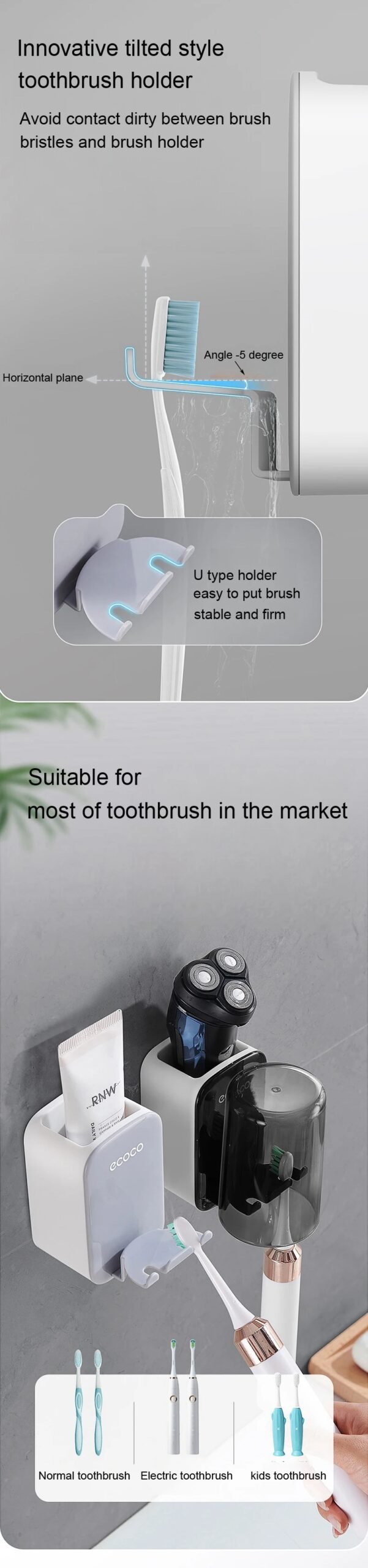 ECOCO Toothbrush Holder and Cup Set Wall Mount Bathroom Accessory Punch Free Mouthwash Holder for Single Home School Student