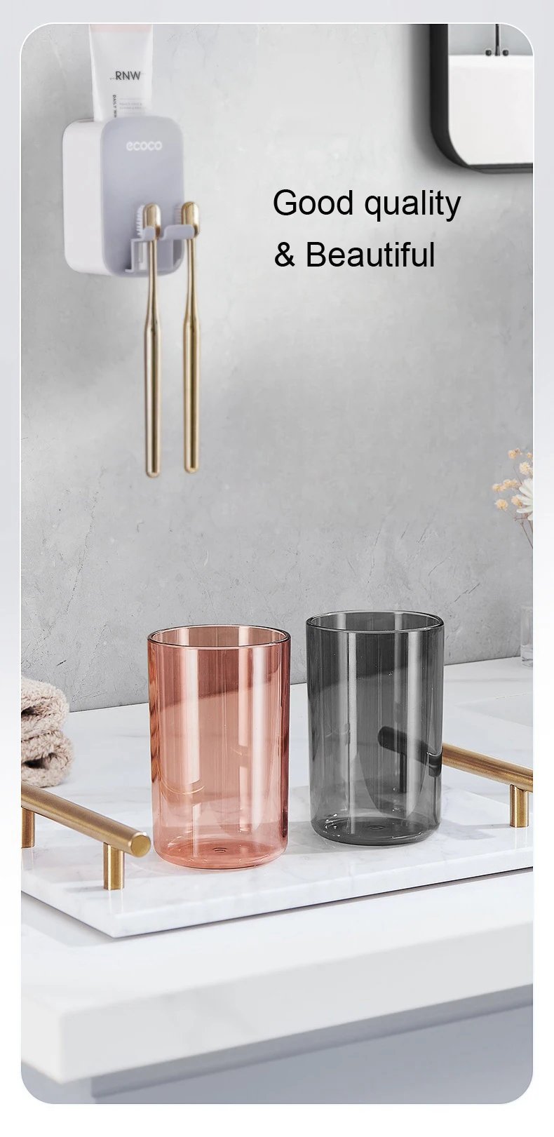 ECOCO Toothbrush Holder and Cup Set Wall Mount Bathroom Accessory Punch Free Mouthwash Holder for Single Home School Student