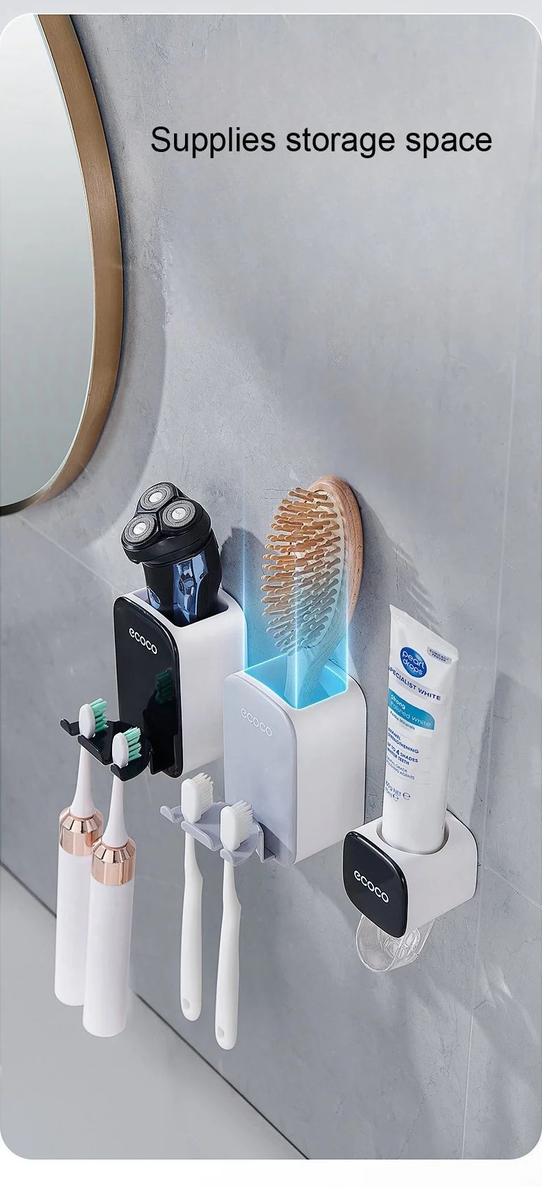 ECOCO Toothbrush Holder and Cup Set Wall Mount Bathroom Accessory Punch Free Mouthwash Holder for Single Home School Student